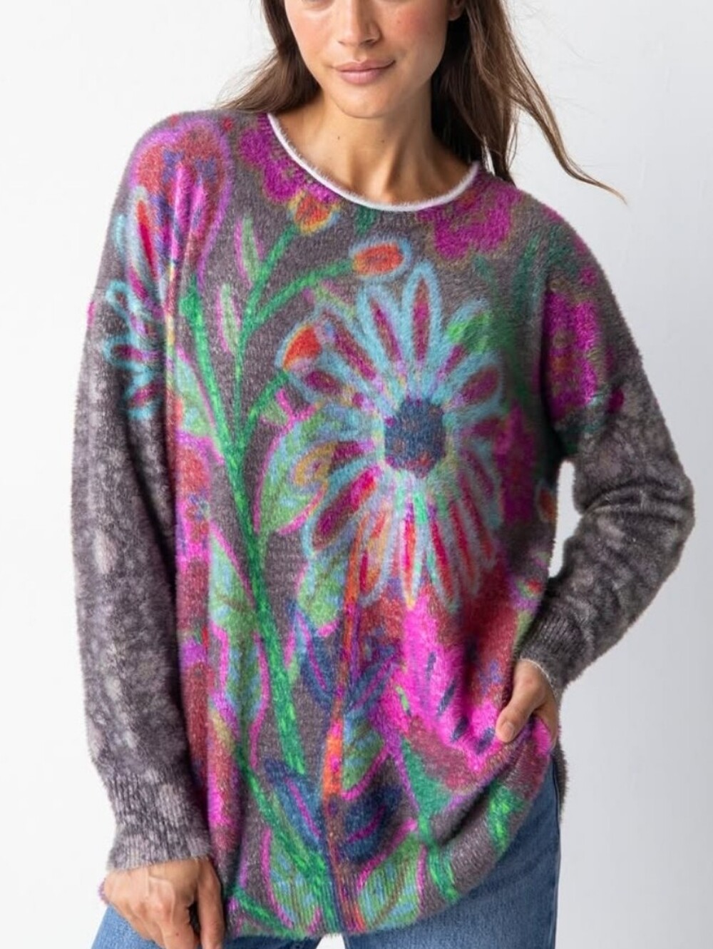 NATURAL LIFE Multicolor Floral Crewneck Fuzzy Sweater Size Large Boho